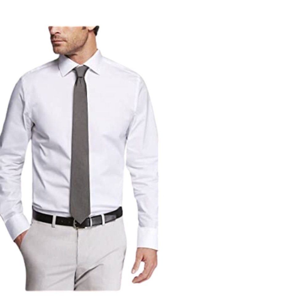 Express 1MX Men's Fitted Stretch Cotton Slim Solid Dress Shirt in White Large